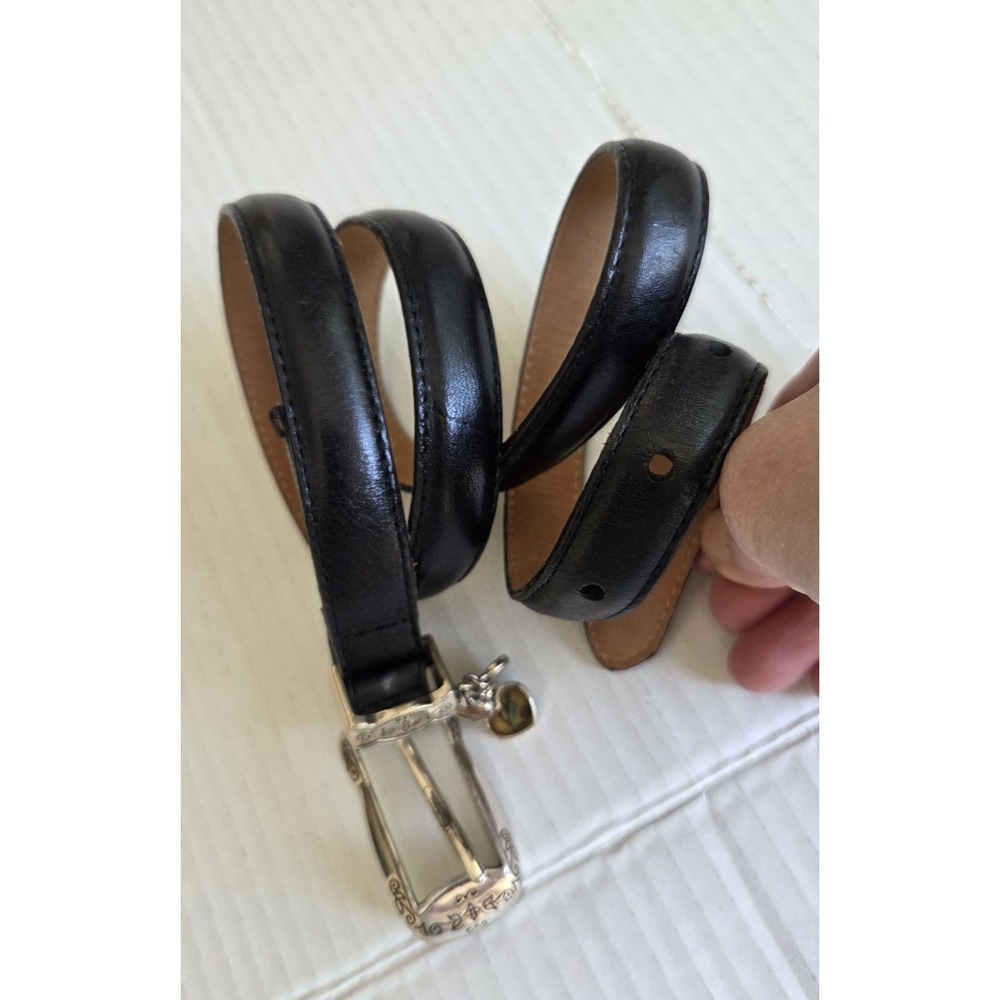 Vtg Brighton Skinny Belt B30283 Black Silver Buckle 3 Small Heart Charms Lg 34